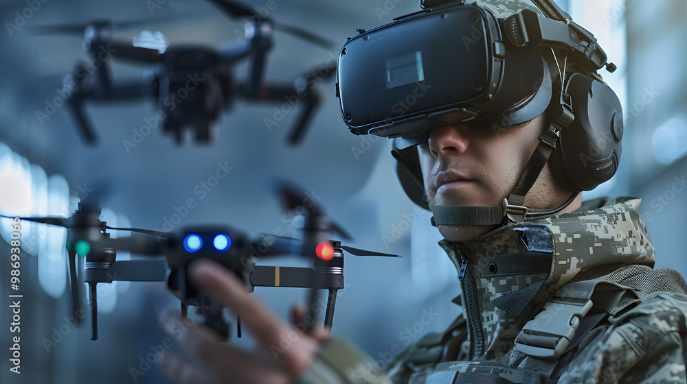 Fototapeta premium A male drone operator wearing virtual glasses is preparing for a flight. AI Generated