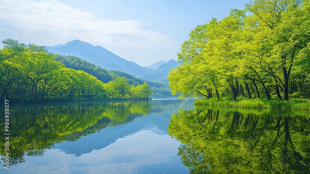A picturesque spring scenery in China, featuring lush green trees lining both sides of a river. The mirror-like lake reflects the vibrant environment, captured in high-definition photography A picturesque spring scenery in China, featuring lush green trees lining both sides of a river. The mirror-like lake reflects the vibrant environment, captured in high-definition photography