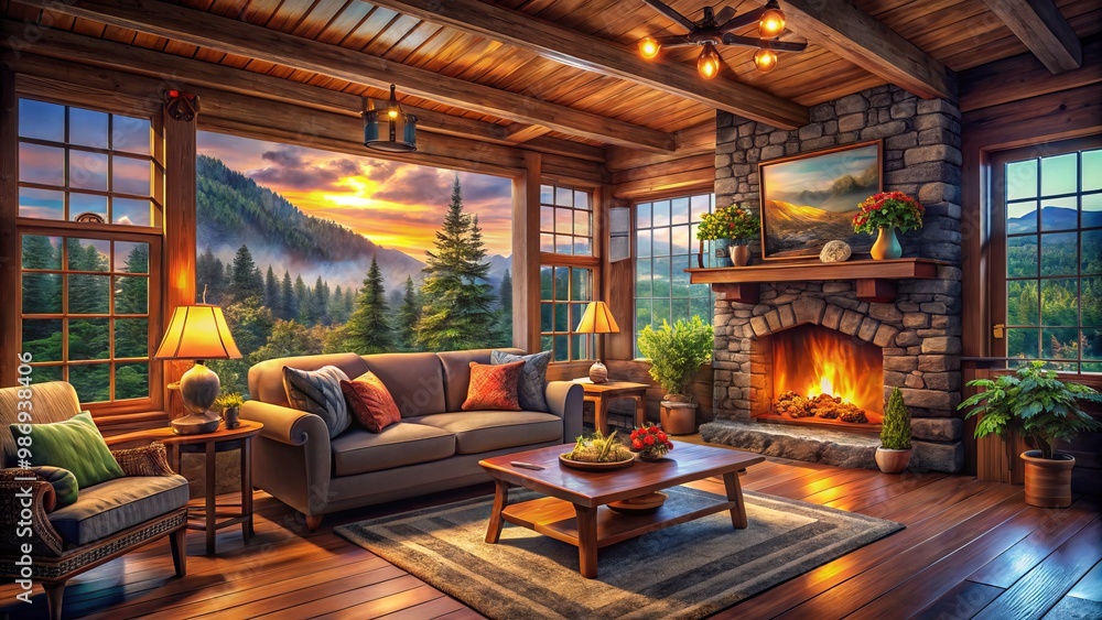 A snug cabin boasting rustic decor, warm lighting, and a cozy atmosphere, nestled in a serene nature setting A snug cabin boasting rustic decor, warm lighting, and a cozy atmosphere, nestled in a serene nature setting