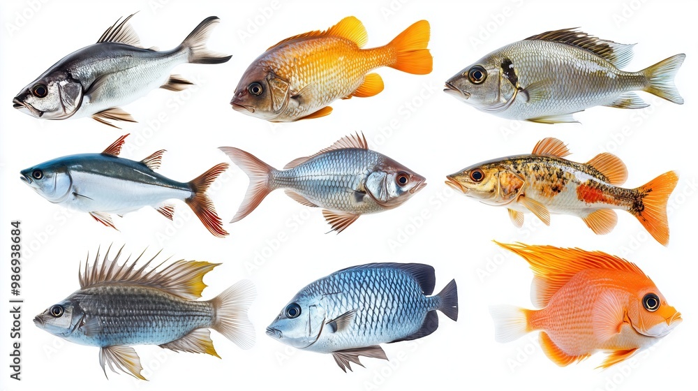 Set of various fish on white background Set of various fish on white background