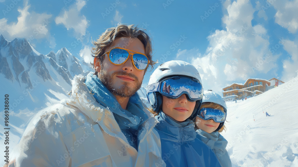 happy family skiing at ski resort with ski slope and bungalow in background, snow, winter sport, father, child, son, parent, new year holiday, active lifestyle, vacation, rest, travel, people, skiers happy family skiing at ski resort with ski slope and bungalow in background, snow, winter sport, father, child, son, parent, new year holiday, active lifestyle, vacation, rest, travel, people, skiers