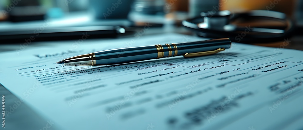 A close up of a gold pen on a signed document. A close up of a gold pen on a signed document.