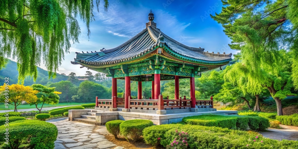 A tranquil Korean Bell of Friendship, enveloped by vibrant greenery, rests peacefully in a serene outdoor environment, A tranquil Korean Bell of Friendship, enveloped by vibrant greenery, rests peacefully in a serene outdoor environment,
