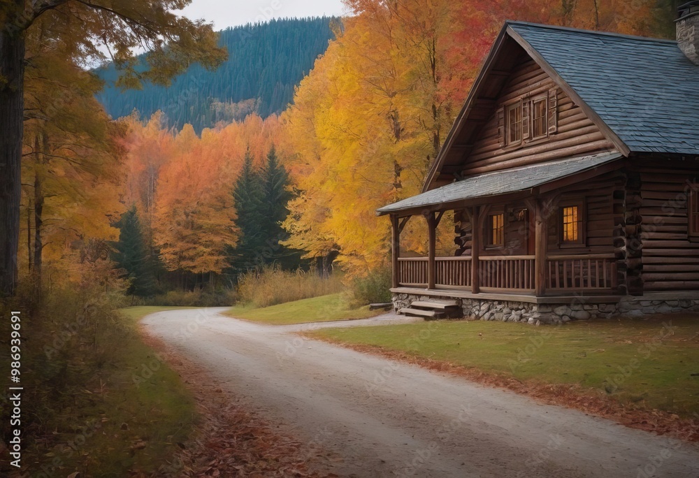 A beautiful log cabin situated in the heart of a forest during autumn A beautiful log cabin situated in the heart of a forest during autumn