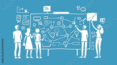 A group of business people are gathered around a large whiteboard, collaborating and brainstorming ideas. They are pointing at diagrams, charts, and notes, suggesting a dynamic and engaging work sessi photo