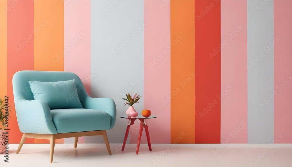 A modern living room with a teal sofa, a red side table, and a pink and orange striped wall. A modern living room with a teal sofa, a red side table, and a pink and orange striped wall.