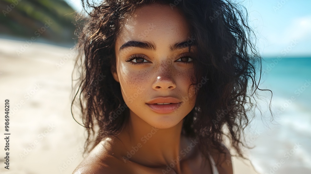 Portrait of a Captivating Woman on a Secluded Beach with Flowing Hair and Casual Summer Outfit Portrait of a Captivating Woman on a Secluded Beach with Flowing Hair and Casual Summer Outfit