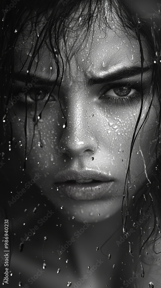 A woman with wet hair and a serious expression A woman with wet hair and a serious expression