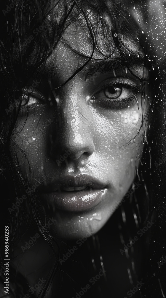 A woman with wet hair and a black and white photo of her A woman with wet hair and a black and white photo of her