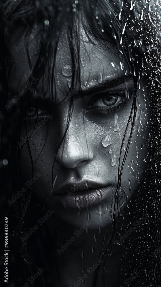 A woman with wet hair and a sad expression A woman with wet hair and a sad expression
