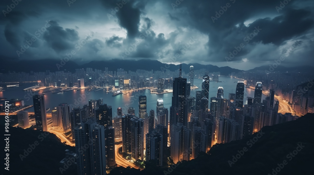 Fototapeta premium Aerial view of Hong Kong at night: a cityscape of high-rise buildings and skyscrapers, dramatic lighting, and a wide-angle lens capturing the bustling urban atmosphere under an overcast sky.