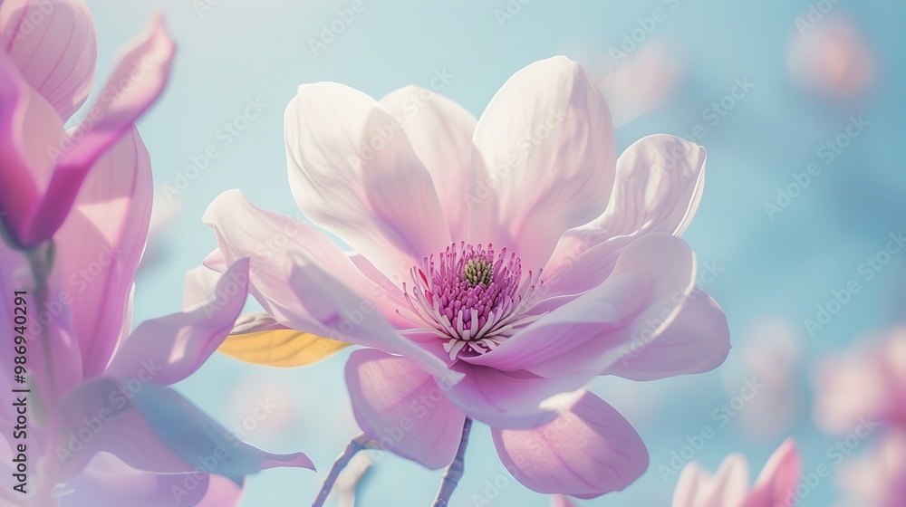 Fototapeta premium A breathtaking close-up of a pink-purple magnolia flower captured from an upward perspective against a pure blue sky. This beautiful and dreamlike image features a garden of light pink and purple 