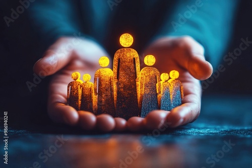 The Golden Light of Human Value: Glowing figures stand united in cupped hands, symbolizing the preciousness of human life, community, and social responsibility.  photo