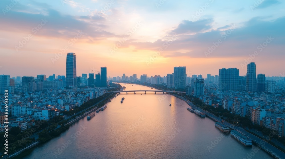 Obraz premium Cityscape with river and skyline at sunset, creating a stunning view
