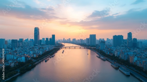 Wallpaper Mural Cityscape with river and skyline at sunset, creating a stunning view Torontodigital.ca