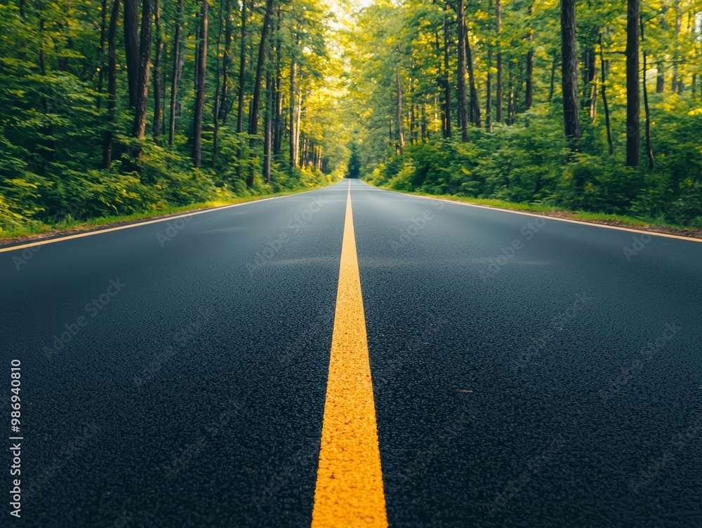 Empty road through lush green forest with vibrant yellow line, perfect for travel backgrounds. Empty road through lush green forest with vibrant yellow line, perfect for travel backgrounds.