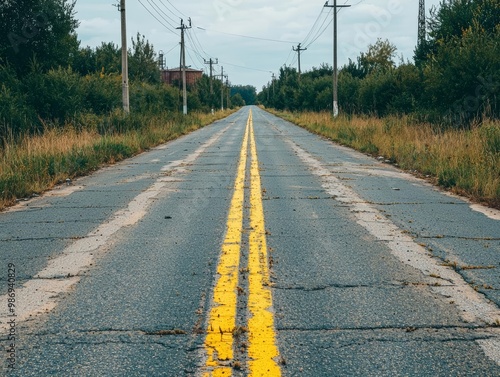 Empty rural road with yellow lines stretching into the distance. photo