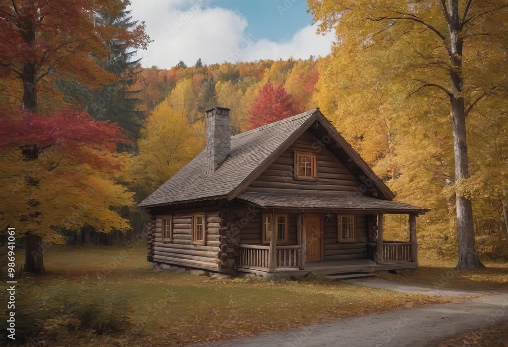 A beautiful log cabin situated in the heart of a forest during autumn A beautiful log cabin situated in the heart of a forest during autumn