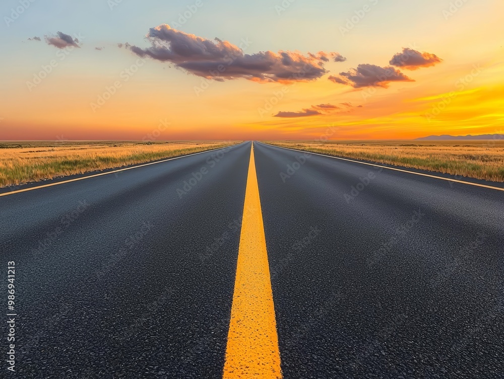 Fototapeta premium Open asphalt road at sunset with dramatic sky.