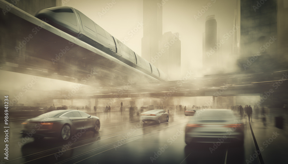 Fototapeta premium Business district of a futuristic city of the future. Old photo effect.