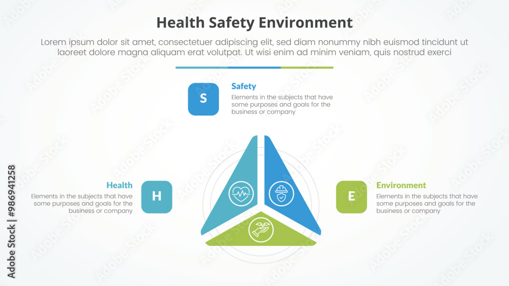HSE infographic concept for slide presentation with triangle cycle circular slice on center with 3 point list with flat style HSE infographic concept for slide presentation with triangle cycle circular slice on center with 3 point list with flat style