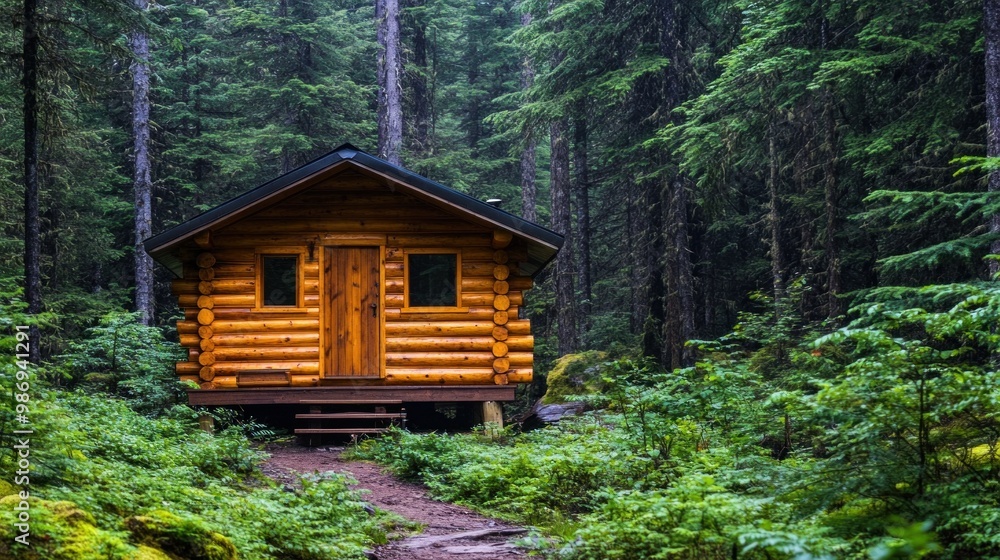 This log cabin is surrounded by vibrant greenery in a serene forest setting This log cabin is surrounded by vibrant greenery in a serene forest setting
