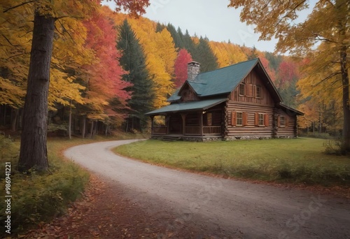 A beautiful log cabin situated in the heart of a forest during autumn