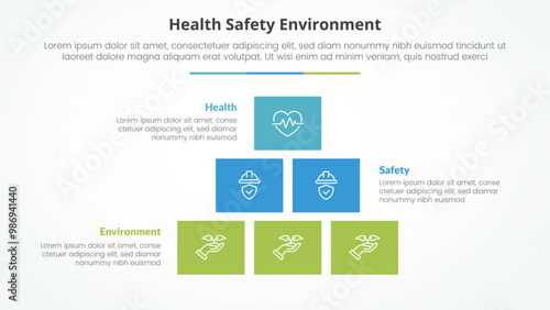 HSE infographic concept for slide presentation with box rectangle pyramid structure with 3 point list with flat style