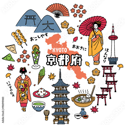 シンプルでかわいい京都府にまつわるイラストセット（カラフル）