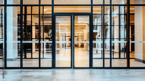 The entrance features sleek, modern glass doors that open to a well-lit and expansive lobby. The design emphasizes a minimalist aesthetic with clean lines and open spaces