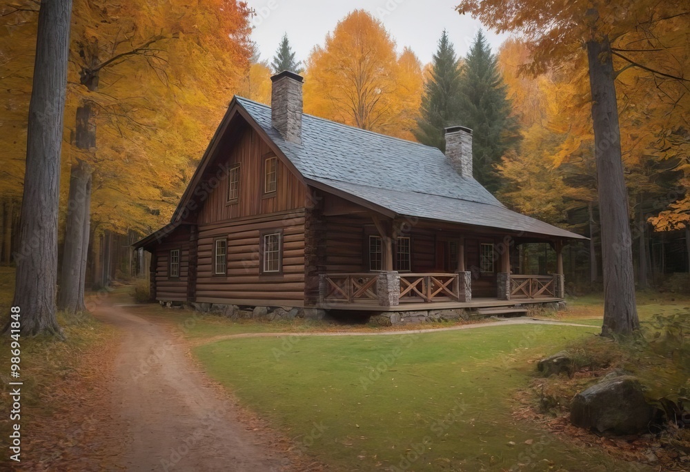 A beautiful log cabin situated in the heart of a forest during autumn A beautiful log cabin situated in the heart of a forest during autumn