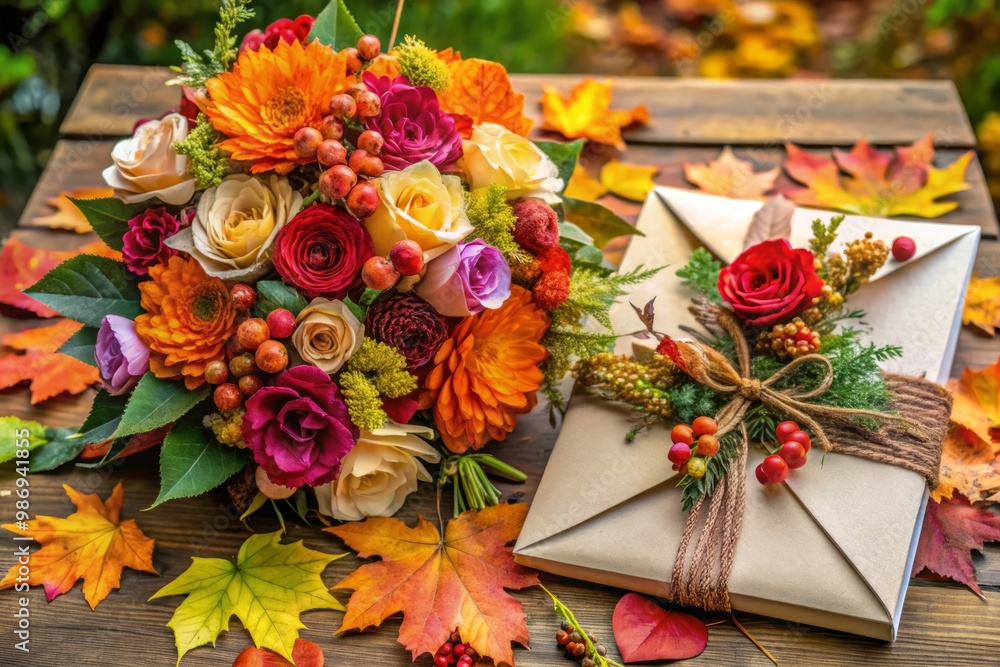 Obraz premium Celebrate your love with our elegant autumn wedding invitations adorned with leaves and floral designs, perfect for