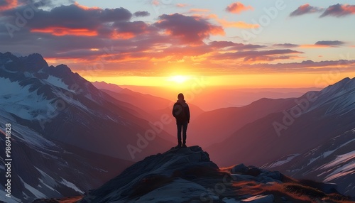 Serene sunset over mountains, capturing the essence of peace and self-reflection for a solitary traveler photo