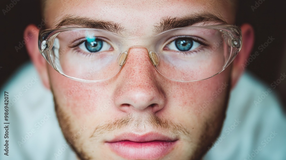 A young man stares intently at the camera, showcasing his bright blue eyes and light freckles A young man stares intently at the camera, showcasing his bright blue eyes and light freckles