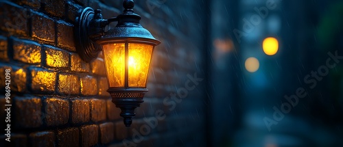 A glowing street lamp casts warm light against a brick wall in the rain, with blurred lights in the background.