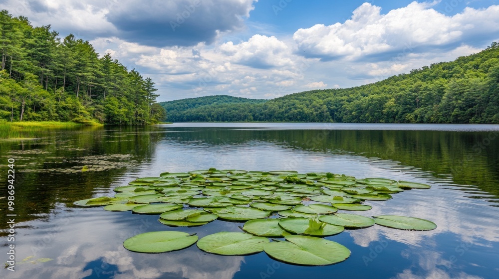 Fototapeta premium A serene lake reflects the vivid blue sky and white clouds, with a cluster of lily pads floating gently on the water's surface, framed by verdant trees along the shoreline