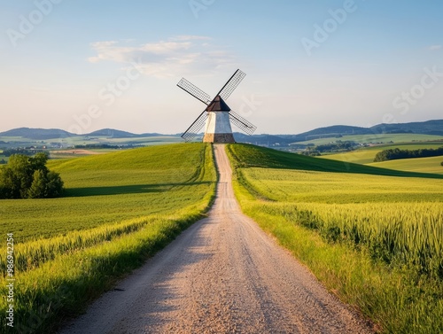 Windmill on a rural path with lush green fields and distant hills under a clear sky.