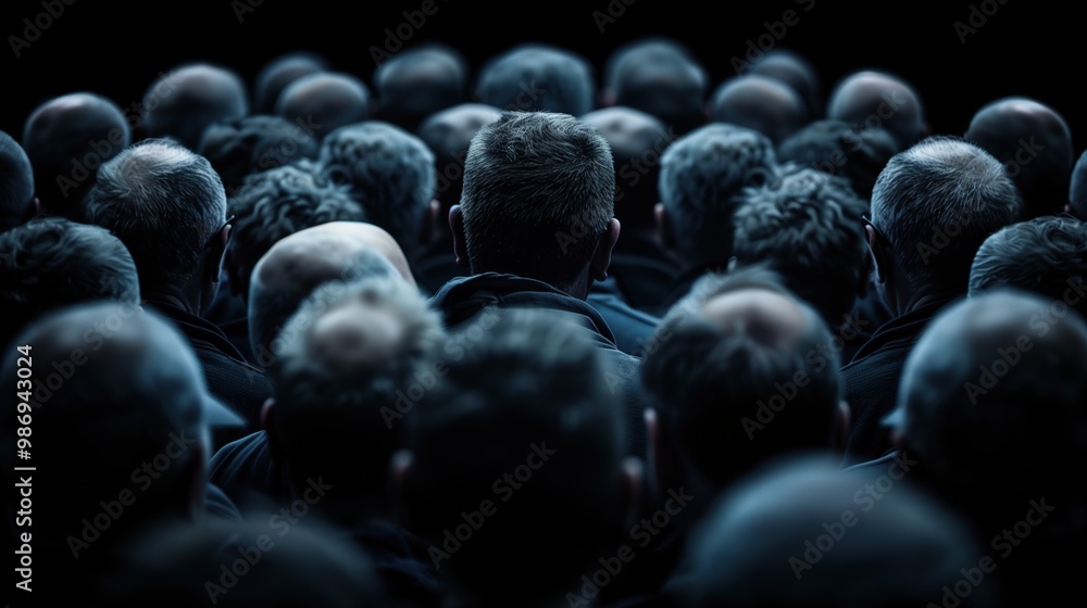 Fototapeta premium A crowd of individuals with similar hairstyles stands closely together, all facing forward. Their features are obscured in the dim light, creating a sense of anonymity and unity