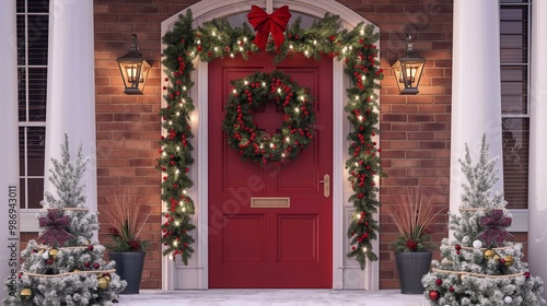 Red front door of a brick house decorated with garlands, wreath, string lights and frosted mini christmas trees. Festive holidays at home. Merry christmas and happy new year. welcoming neighborhood
