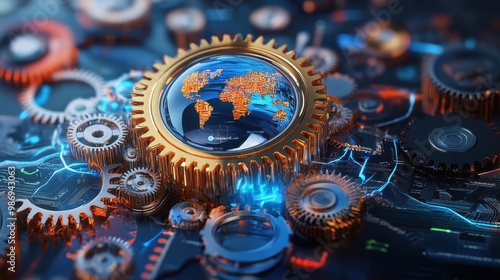 An intricate machine where politics fuels the global economy, depicted as gears and cogs