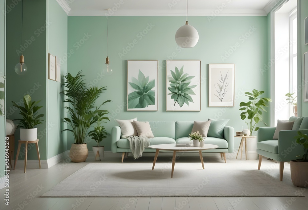 A modern living room with a mint green color scheme. The room features a beige sofa, a white coffee table, and a large white framed artwork on the wall. A modern living room with a mint green color scheme. The room features a beige sofa, a white coffee table, and a large white framed artwork on the wall.