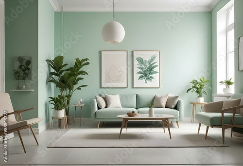 A modern living room with a mint green color scheme. The room features a beige sofa, a white coffee table, and a large white framed artwork on the wall.