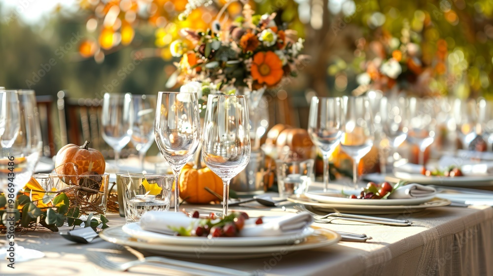 A table with a vase of flowers, plates, glasses, and utensils, and pumpkins. Dinner table setting for Thanksgiving, wedding, fall holiday party. A table with a vase of flowers, plates, glasses, and utensils, and pumpkins. Dinner table setting for Thanksgiving, wedding, fall holiday party.