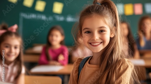 A cheerful girl with long hair sits at her desk, smiling widely at the camera, while her classmates are engaged in learning in the background. The classroom is bright and welcoming