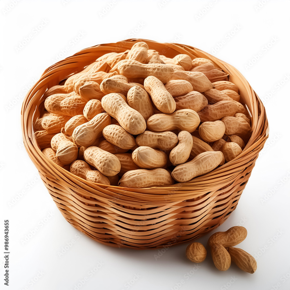 peanuts in wooden basket isolated on white background peanuts in wooden basket isolated on white background