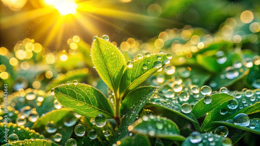 Dew drops shimmer on vibrant green leaves, reflecting soft morning light, embodying the serene tranquility of nature’s Dew drops shimmer on vibrant green leaves, reflecting soft morning light, embodying the serene tranquility of nature’s