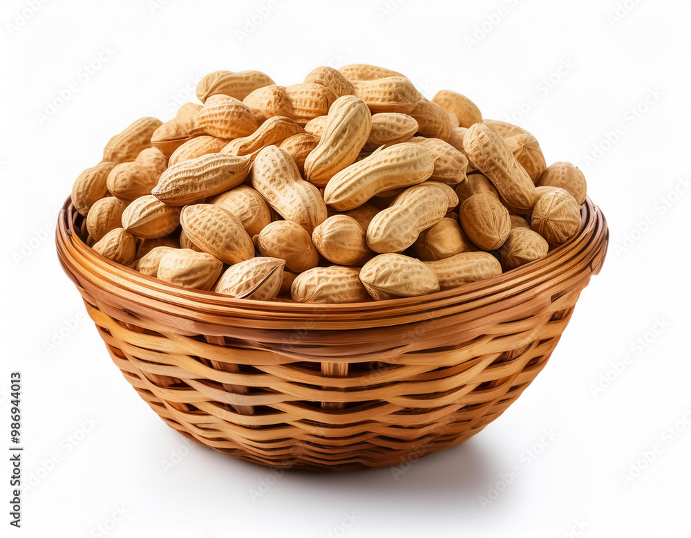 peanuts in wooden basket isolated on white background peanuts in wooden basket isolated on white background