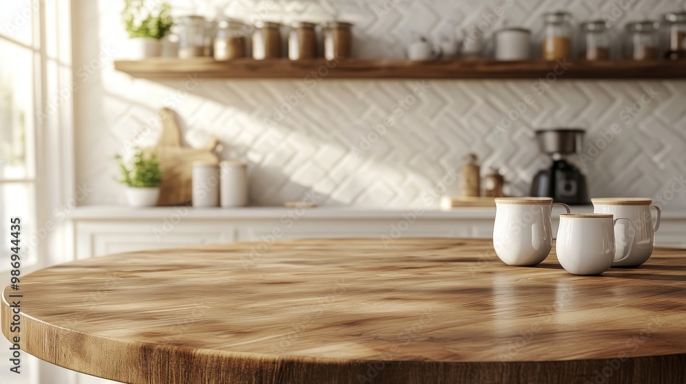 A modern kitchen with a clean and bright background, featuring a round wooden tabletop counter adorned with fresh vegetables. Perfect for product displays and banners A modern kitchen with a clean and bright background, featuring a round wooden tabletop counter adorned with fresh vegetables. Perfect for product displays and banners