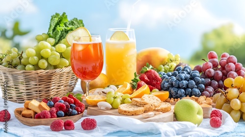 An assortment of vibrant fruits and refreshing drinks arranged beautifully on a table, perfect for summer gatherings.