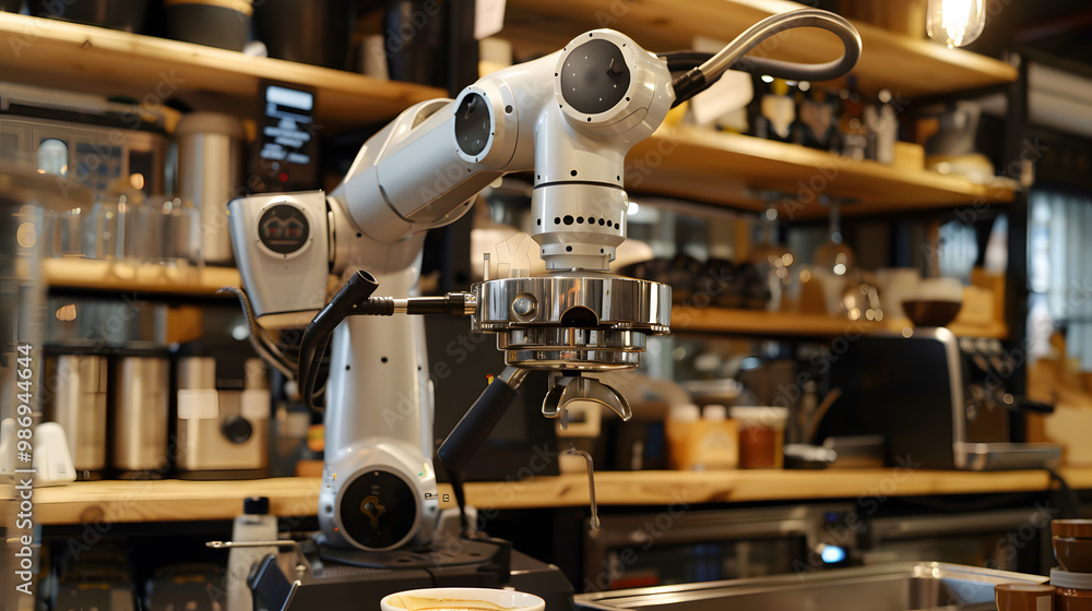 A barista robot in the form of an automatic manipulator arm prepares coffee. AI Generated A barista robot in the form of an automatic manipulator arm prepares coffee. AI Generated